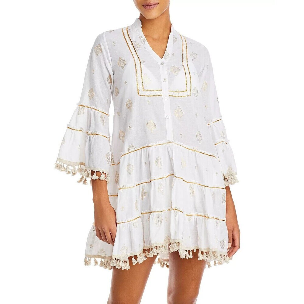NWT! AQUA Swim Gold White Fringe Floral Bell Sleeve A-Line Dress / Size Small